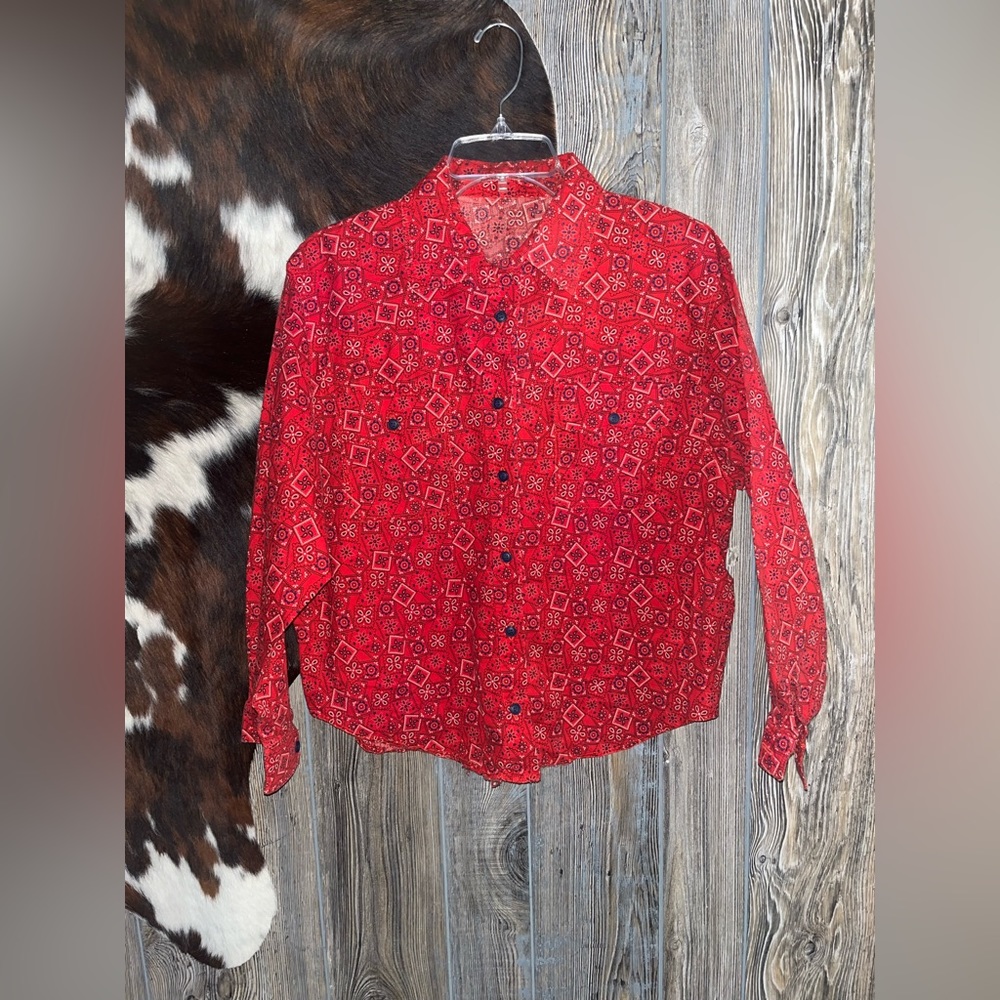 Handmade button up long sleeve red paisley printed shirt size large